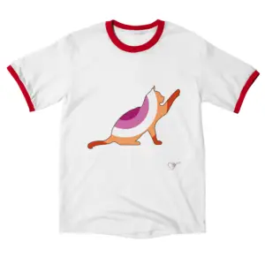 This design features a striking feline silhouette in an elegant reaching pose, accented by the bold orange, white, and pink stripes of the lesbian pride flag.